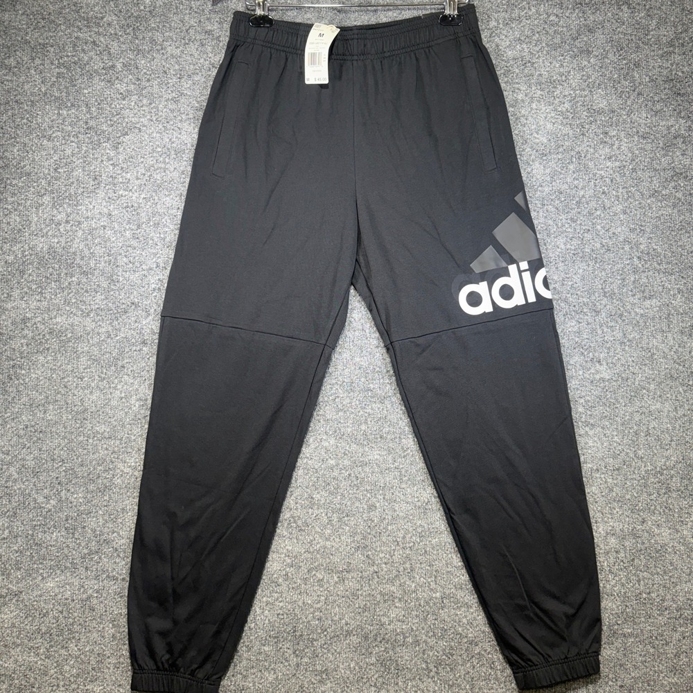 Adidas Essentials SJ Logo Tapered Pants Mens Medium Black Pockets Drawstring NEW